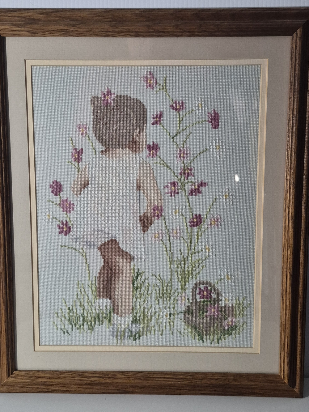 Vintage 1995 Janlynn Cross Stitch "Girl with Cosmos" designed by Nancy Cole